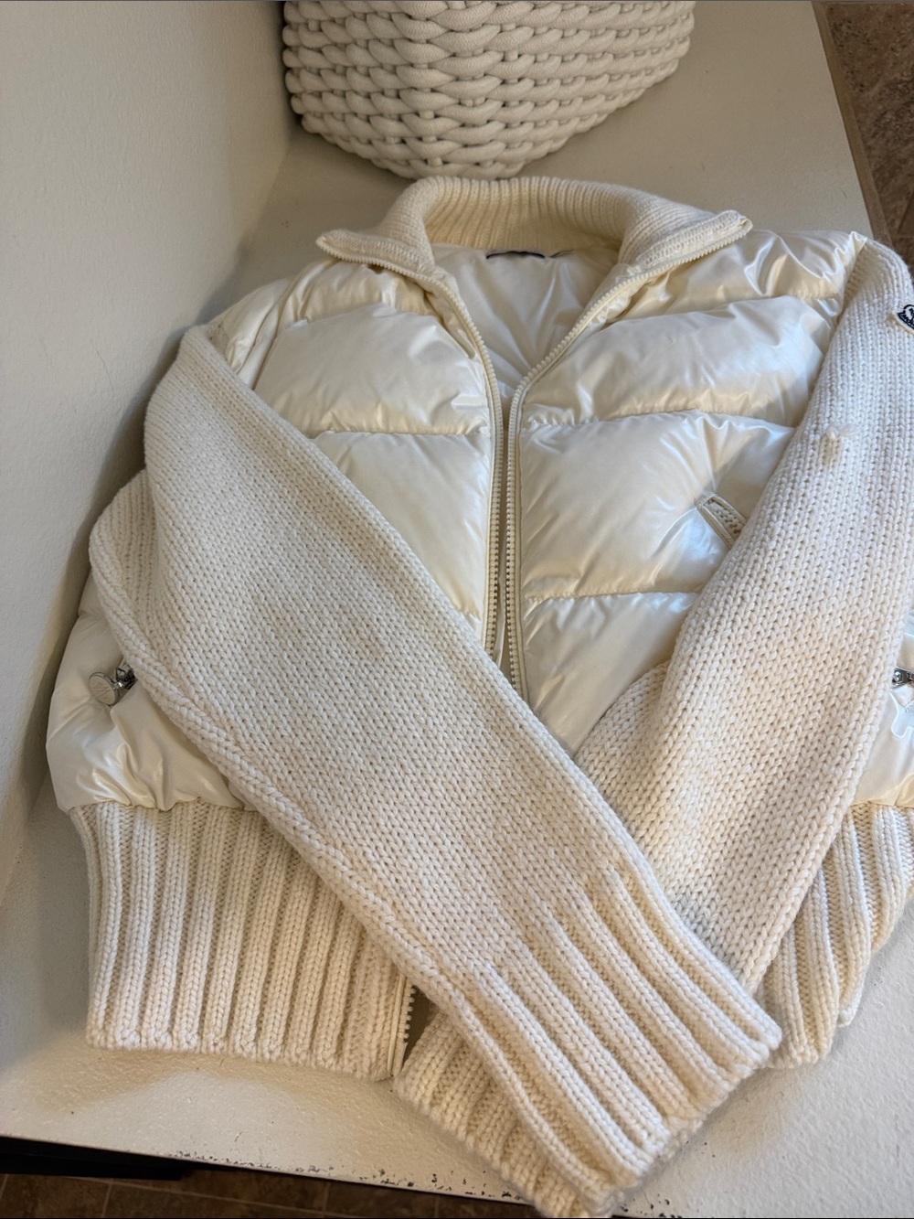 Moncler Cream Quilted Puffer Knit-Sleeve Jacket